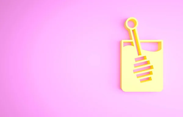 Желтая медовая палочка значок изолирован на розовом фоне. Медовый ковш. Концепция минимализма. 3D-рендеринг — стоковое фото