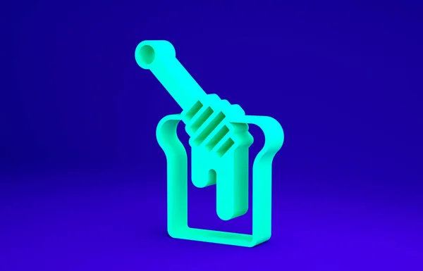Zelený med dipper hůl s kapající ikonu medu izolované na modrém pozadí. Medová naběračka. Minimalismus. 3D ilustrace 3D vykreslení — Stock fotografie
