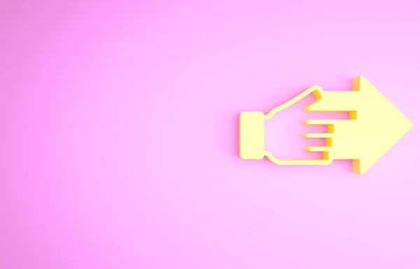 Κίτρινο χέρι με το δάχτυλο που δείχνει με βέλος εικονίδιο απομονώνονται σε ροζ φόντο. Επιχειρησιακό όραμα και στόχος. Έννοια επιχειρηματική χρηματοδότηση, χαρακτήρα, ηγέτης. Μινιμαλιστική έννοια. 3d απεικόνιση 3D καθιστούν — Φωτογραφία Αρχείου