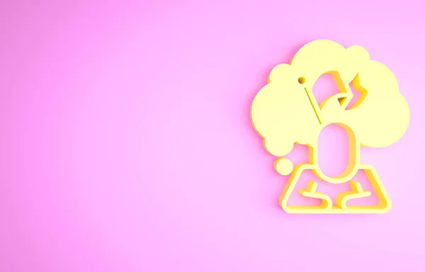 Hombre Amarillo sosteniendo icono de la bandera aislado sobre fondo rosa. Victoria, ganar y conquistar el concepto de adversidad. Concepto minimalista. 3D ilustración 3D render — Foto de Stock