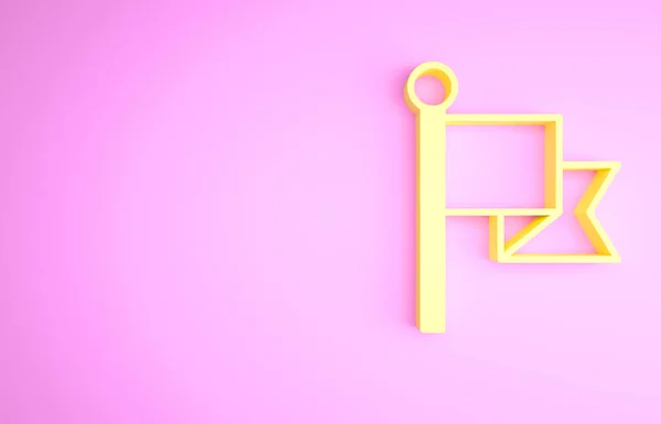 Ikon Bendera Kuning diisolasi pada latar belakang merah muda. Kemenangan, menang dan menaklukkan konsep kesulitan. Konsep minimalisme. Tampilan 3D ilustrasi 3d — Stok Foto