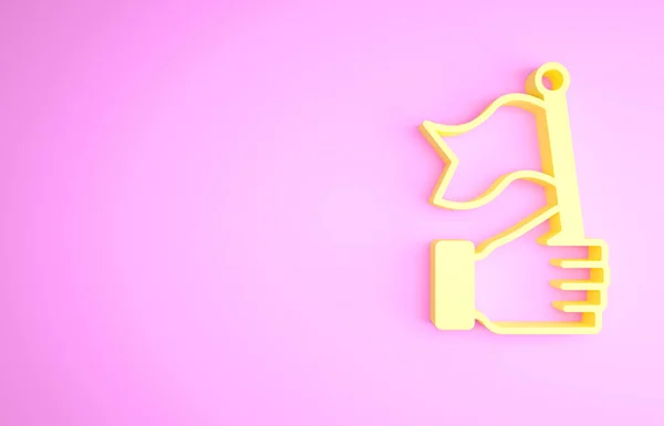 Sárga Kézfogás zászló ikon elszigetelt rózsaszín háttér. Győzelem, győzelem és legyőzni csapások koncepció. Minimalizmus koncepció. 3d illusztráció 3D render — Stock Fotó