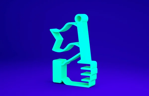 Mano Verde sosteniendo el icono de la bandera aislado sobre fondo azul. Victoria, ganar y conquistar el concepto de adversidad. Concepto minimalista. 3D ilustración 3D render — Foto de Stock