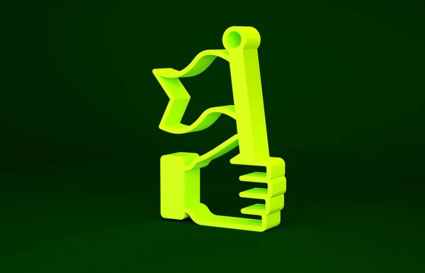 Gul Hand håller flaggan ikon isolerad på grön bakgrund. Seger, vinna och erövra motgångar koncept. Minimalistiskt koncept. 3D-återgivning för 3D — Stockfoto