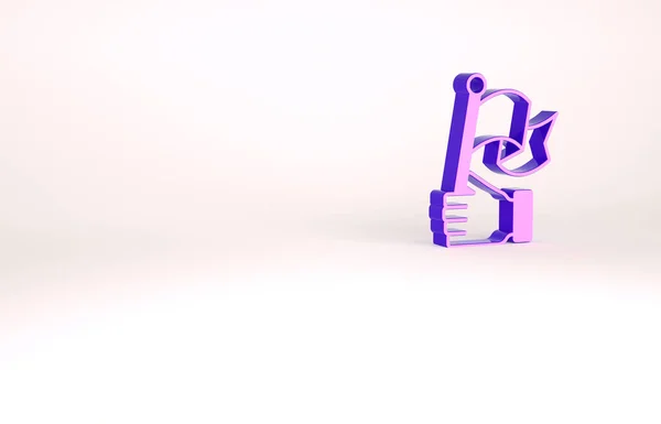 Фіолетова рука тримає значок прапора ізольовано на білому тлі. Перемога, перемога і підкорення концепції негараздів. Концепція мінімалізму. 3D ілюстрація 3D рендеринга — стокове фото