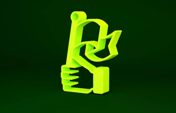 Żółta Ręka trzymająca flagę na zielonym tle. Zwycięstwo, zwycięstwo i podbój koncepcji przeciwności losu. Koncepcja minimalizmu. Ilustracja 3D 3D renderowania — Zdjęcie stockowe