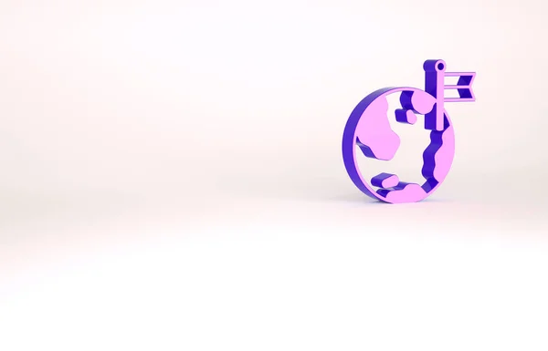 Fialová planeta s ikonou vlajky izolované na bílém pozadí. Vítězství, vítězství a překonání nepřízně. Minimalismus. 3D ilustrace 3D vykreslení — Stock fotografie