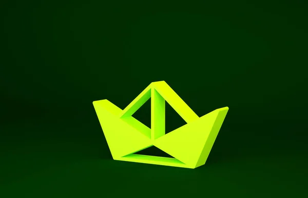 Żółty Składane ikona łodzi papieru izolowane na zielonym tle. Papierowy statek Origami. Koncepcja minimalizmu. Ilustracja 3D 3D renderowania — Zdjęcie stockowe