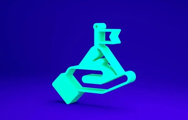 青の背景に隔離された上のアイコンにフラグを持つ緑の山。勝利や成功の概念の象徴。目標達成。最小限の概念。3Dイラスト3Dレンダリング — ストック写真