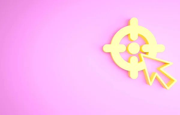 Żółty docelowy cel finansowy cel ikona wyizolowana na różowym tle. Symboliczne cele osiągnięcia, sukces. Koncepcja minimalizmu. Ilustracja 3D 3D renderowania — Zdjęcie stockowe