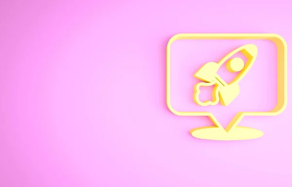 Yellow Rocket ship icon isolated on pink background. Space travel. Minimalism concept. 3d illustration 3D render — Fotografia de Stock