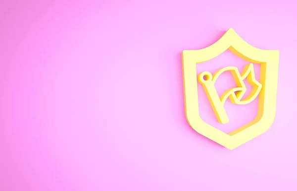 Żółta Tarcza z ikoną flagi na różowym tle. Zwycięstwo, zwycięstwo i podbój koncepcji przeciwności losu. Koncepcja minimalizmu. Ilustracja 3D 3D renderowania — Zdjęcie stockowe