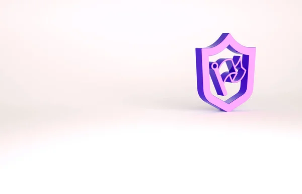 Purple Shield with flag icon isolated on white background. Victory, winning and conquer adversity concept. Minimalism concept. 3d illustration 3D render — ストック写真