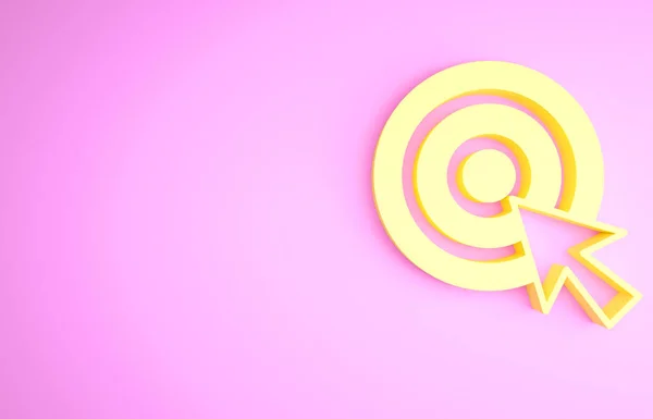 Alvo amarelo com ícone de seta isolado no fundo rosa. Placa de dardos. Ícone de arco e flecha. Dartboard sign. Conceito de objetivo de negócios. Conceito de minimalismo. 3D ilustração 3D render — Fotografia de Stock