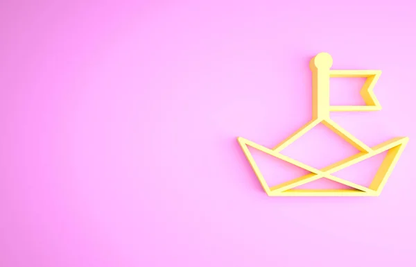 Icono amarillo de barco de papel plegado aislado sobre fondo rosa. Origami barco de papel. Concepto minimalista. 3D ilustración 3D render — Foto de Stock