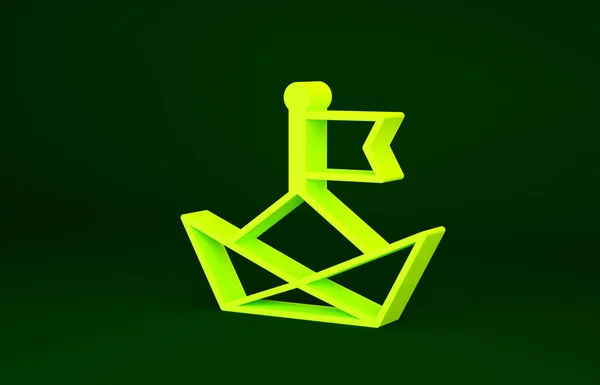 Yellow Folded paper boat icon isolated on green background. Origami paper ship. Minimalism concept. 3d illustration 3D render — Fotografia de Stock