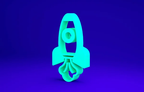 Ікона корабля Green Rocket ізольована на синьому фоні. Космічні подорожі. Концепція мінімалізму. 3D-рендеринг — стокове фото