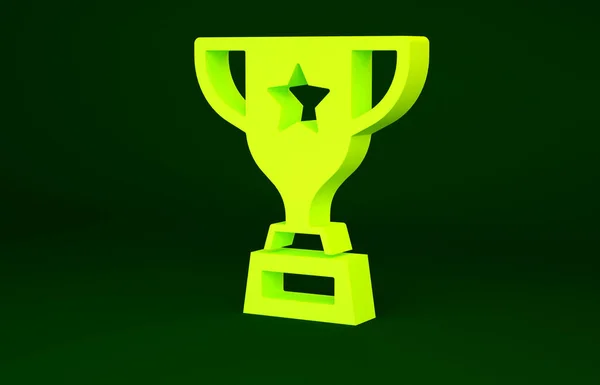 Żółty Puchar Nagroda ikona izolowane na zielonym tle. Symbol zwycięzcy. Mistrzostwa lub trofeum. Znak osiągnięć sportowych. Koncepcja minimalizmu. Ilustracja 3D 3D renderowania — Zdjęcie stockowe