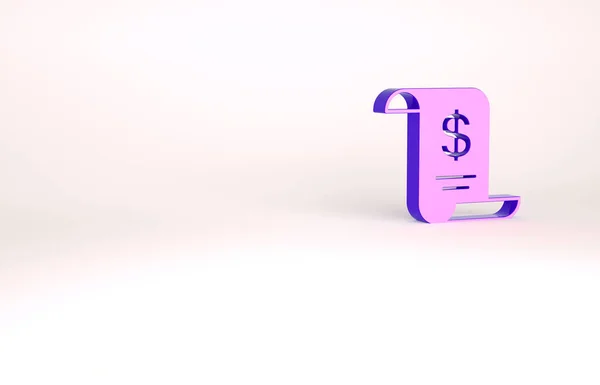 Lila Papier- oder Finanzcheck-Symbol isoliert auf weißem Hintergrund. Papierdruck-Scheck, Kaufbeleg oder Rechnung. Minimalismus-Konzept. 3D Illustration 3D Renderer — Stockfoto