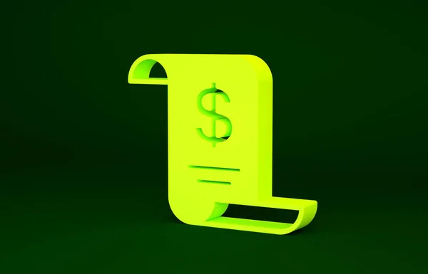 Carta gialla o icona di controllo finanziario isolato su sfondo verde. Carta stampa assegno, ricevuta del negozio o fattura. Concetto minimalista. Illustrazione 3d rendering 3D — Foto Stock