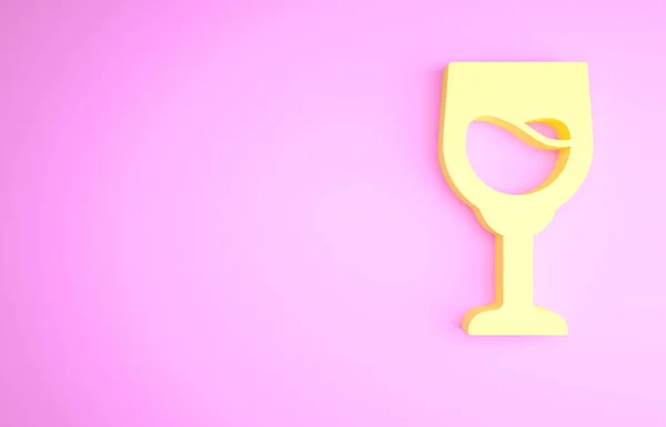 Icône en verre de vin jaune isolé sur fond rose. Panneau de verre à vin. Concept de minimalisme. Illustration 3D rendu 3D — Photo