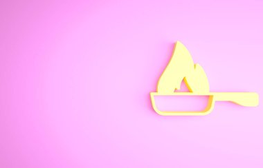 Pembe arka planda izole edilmiş sarı tava simgesi. Kızartma veya kızartma gıda sembolü. Minimalizm kavramı. 3d illüstrasyon 3B canlandırma