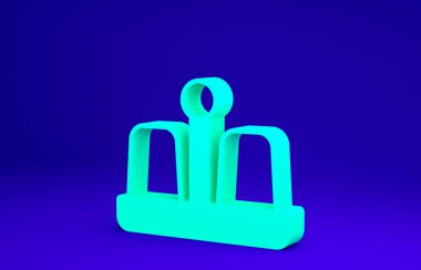 Mavi arka planda yeşil tuz ve biber ikonu izole edildi. Yemek pişirme baharatları. Minimalizm kavramı. 3d illüstrasyon 3B canlandırma