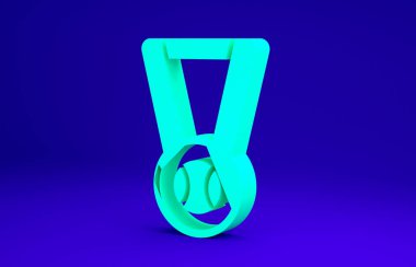 Mavi arka planda izole edilmiş beyzbol topu ikonlu yeşil madalya. Kazanan sembol. Minimalizm kavramı. 3d illüstrasyon 3B canlandırma