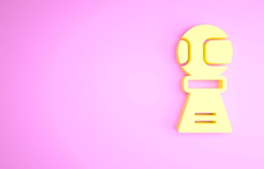 Sarı ödüllü kupa, pembe arka planda izole edilmiş beyzbol topu ikonu. Galibiyet ödülü sembolü. Şampiyonluk ya da yarışma kupası. Spor başarısı. Minimalizm kavramı. 3d illüstrasyon 3B canlandırma