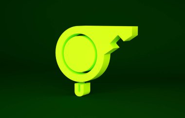 Sarı Düdük simgesi yeşil arkaplanda izole edildi. Hakem sembolü. Spor ve spor burcu. Minimalizm kavramı. 3d illüstrasyon 3B canlandırma