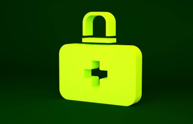 Sarı ilk yardım çantası simgesi yeşil arkaplanda izole edildi. Haçlı sağlık kutusu. Acil durumlar için tıbbi ekipman. Sağlık sigortası konsepti. Minimalizm kavramı. 3d illüstrasyon 3B canlandırma