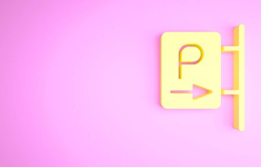 Sarı Park simgesi pembe arka planda izole edildi. Sokak tabelası. Minimalizm kavramı. 3d illüstrasyon 3B canlandırma