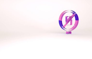 Mor. Beyaz arkaplanda cep telefonu simgesi yok. Konuşmak ve işaret vermek yok. Hücre yasağı. Minimalizm kavramı. 3d illüstrasyon 3B canlandırma