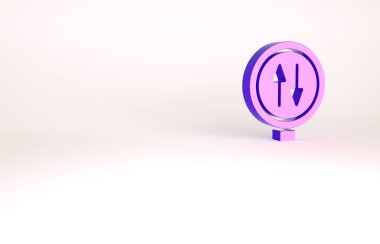 Mor Yol uyarısı beyaz arka planda iki yönlü trafik simgesi var. Minimalizm kavramı. 3d illüstrasyon 3B canlandırma