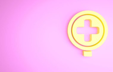 Sarı Hastane yol trafik ikonu pembe arka planda izole edilmiş. Trafik kuralları ve güvenli sürüş. Minimalizm kavramı. 3d illüstrasyon 3B canlandırma