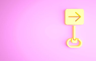 Sarı trafik işareti sağa dön dikkat simgesi pembe arka planda izole edildi. Trafik kuralları ve güvenli sürüş. Minimalizm kavramı. 3d illüstrasyon 3B canlandırma