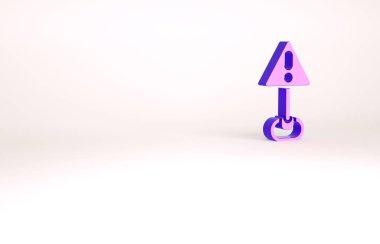 Beyaz arkaplanda izole edilmiş üçgen simgesinde mor ünlem işareti. Tehlike uyarısı, dikkat, dikkat, tehlike uyarısı önemli bir işaret. Minimalizm kavramı. 3d illüstrasyon 3B canlandırma