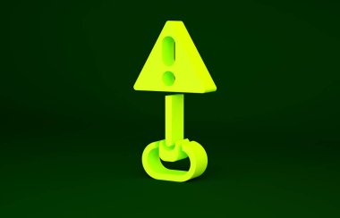 Yeşil arkaplanda izole edilmiş üçgen simgesinde sarı ünlem işareti. Tehlike uyarısı, dikkat, dikkat, tehlike uyarısı önemli bir işaret. Minimalizm kavramı. 3d illüstrasyon 3B canlandırma