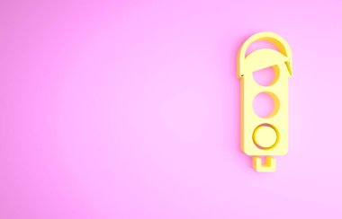 Sarı trafik ışığı simgesi pembe arka planda izole edildi. Minimalizm kavramı. 3d illüstrasyon 3B canlandırma