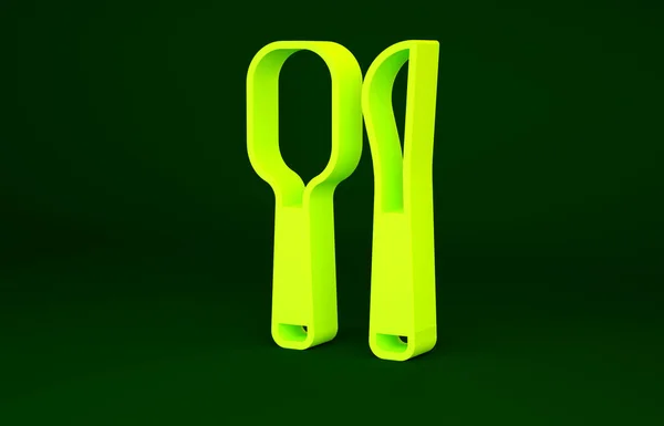 Cuchillo amarillo y cuchara icono aislado sobre fondo verde. Utensil de cocina. Signo de cubertería. Concepto minimalista. 3D ilustración 3D render — Foto de Stock