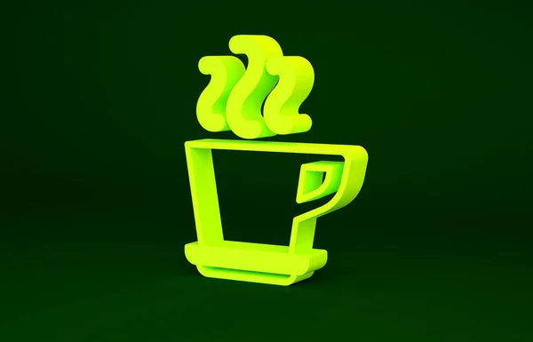 Ikon cangkir kopi kuning diisolasi dengan latar belakang hijau. Cangkir teh. Kopi hangat. Konsep minimalisme. Tampilan 3D ilustrasi 3d — Stok Foto