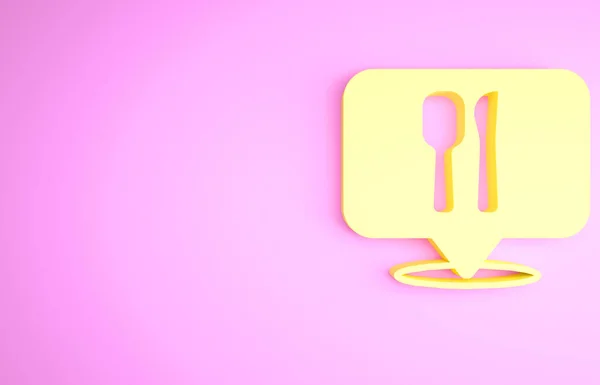 Yellow Cafe and restaurant location icon isolated on pink background. Fork and spoon eatery sign inside pinpoint. Minimalism concept. 3d illustration 3D render. — Fotografia de Stock