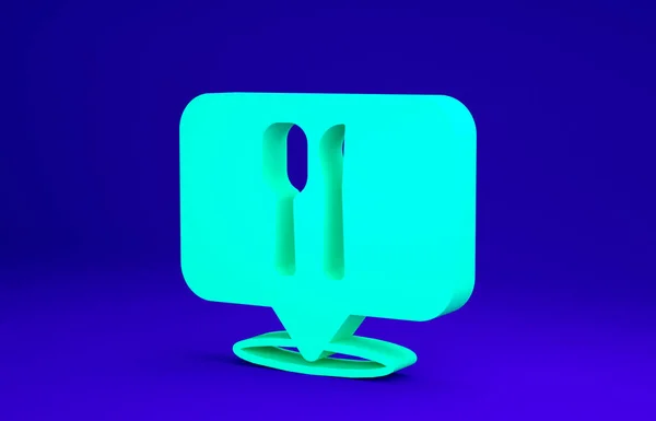 Zielona kawiarnia i restauracja lokalizacja ikona izolowane na niebieskim tle. Widelec i łyżka jadłodajni znak wewnątrz wskazać. Koncepcja minimalizmu. Ilustracja 3D 3D renderowania. — Zdjęcie stockowe