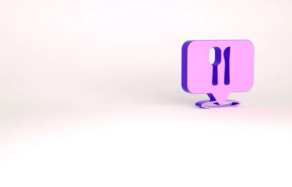 Café púrpura y restaurante icono ubicación aislado sobre fondo blanco. Tenedor y cuchara signo de comedor dentro de señalar. Concepto minimalista. 3D ilustración 3D render. — Foto de Stock