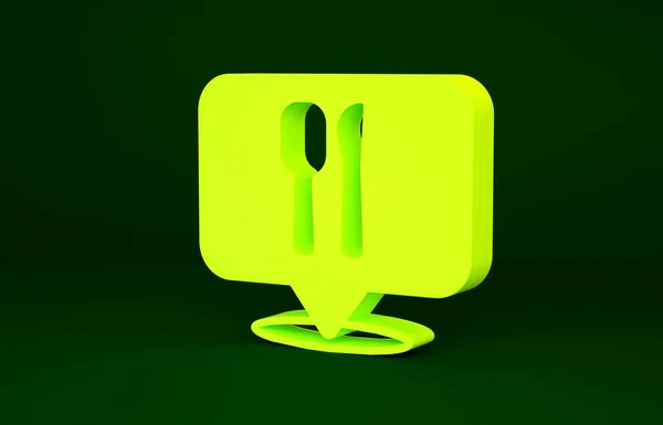 Gul café och restaurang läge ikon isolerad på grön bakgrund. Gaffel och sked matställe tecken inuti nålspetsen. Minimalistiskt koncept. 3D-återgivning för 3D. — Stockfoto