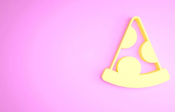 Sárga szelet pizza ikon elszigetelt rózsaszín alapon. Gyorsétlap. Minimalizmus koncepció. 3d illusztráció 3D render — Stock Fotó