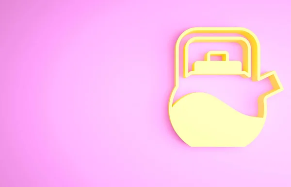 Hervidor amarillo con icono de mango aislado sobre fondo rosa. Icono de tetera. Concepto minimalista. 3D ilustración 3D render —  Fotos de Stock