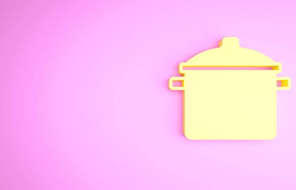 Ícone de panela de cozinha amarelo isolado no fundo rosa. Ferva ou guisado símbolo de comida. Conceito de minimalismo. 3D ilustração 3D render — Fotografia de Stock