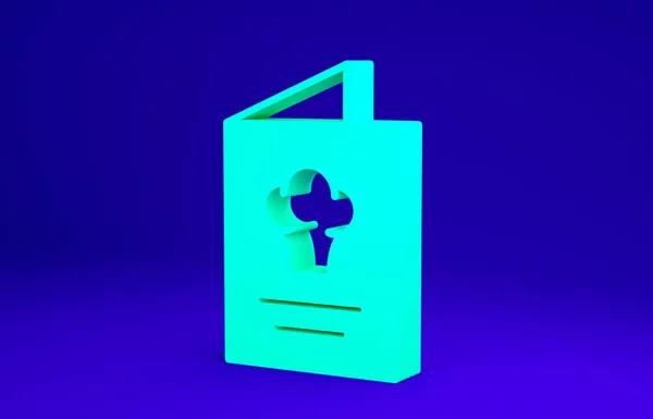Zöld szakácskönyv ikon elszigetelt kék háttérrel. Főzős könyv ikon. Recept könyv. Villa- és késikonok. Evőeszköz szimbólum. Minimalizmus koncepció. 3d illusztráció 3D render — Stock Fotó