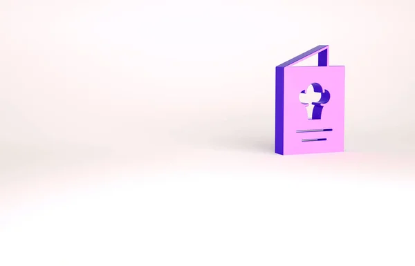 Ícone do livro de receitas roxo isolado no fundo branco. Ícone do livro de culinária. Livro de receitas. Ícones de garfo e faca. Símbolo de talheres. Conceito de minimalismo. 3D ilustração 3D render — Fotografia de Stock